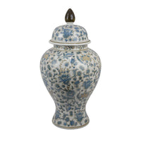 Decorative Temple Jar, White and Blue Ceramic Floral Pattern, 20 Inch -BM334971
