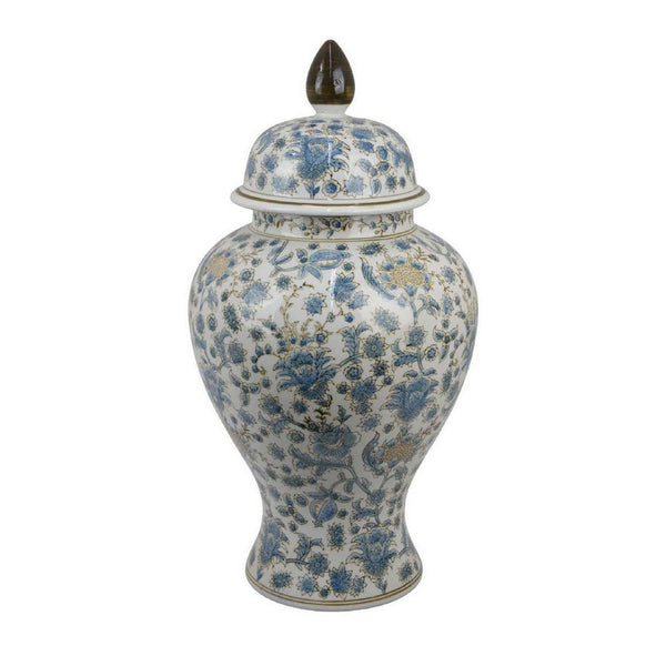 Decorative Temple Jar, White and Blue Ceramic Floral Pattern, 20 Inch -BM334971