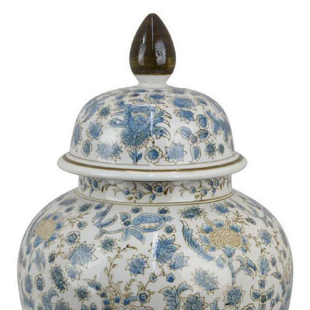 Decorative Temple Jar, White and Blue Ceramic Floral Pattern, 20 Inch -BM334971