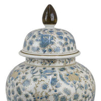 Decorative Temple Jar, White and Blue Ceramic Floral Pattern, 20 Inch -BM334971