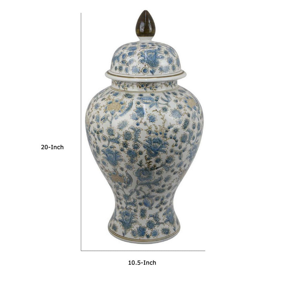Decorative Temple Jar, White and Blue Ceramic Floral Pattern, 20 Inch -BM334971