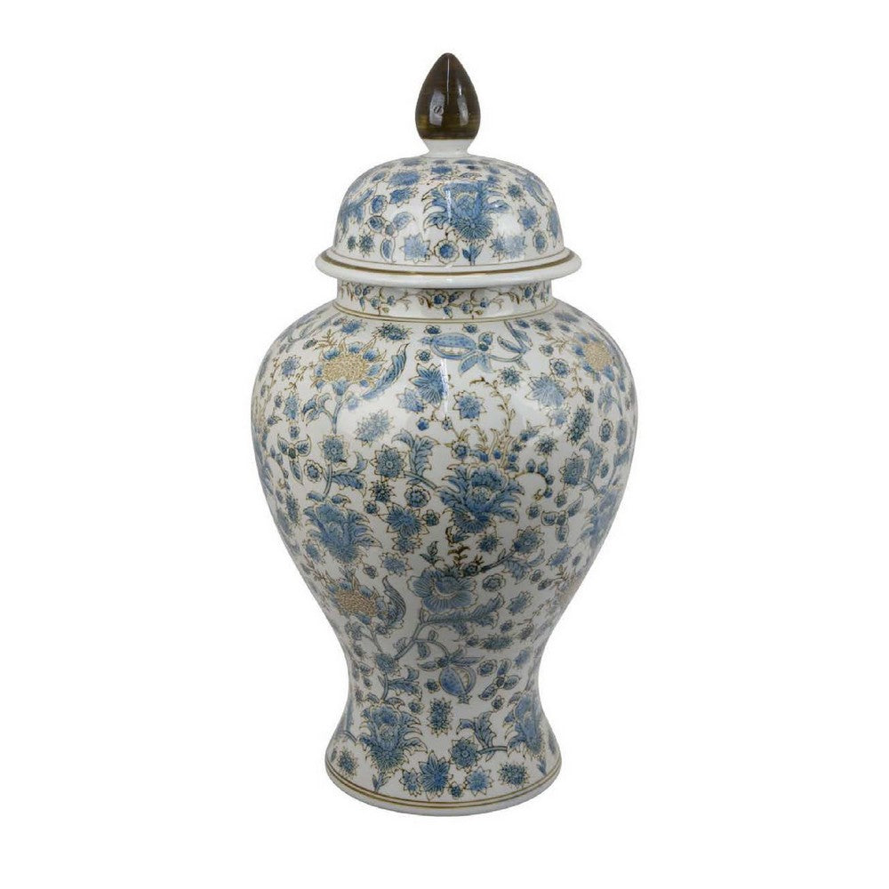Decorative Temple Jar, White and Blue Ceramic Floral Pattern, 20 Inch -BM334971