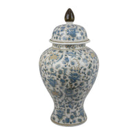 Decorative Temple Jar, White and Blue Ceramic Floral Pattern, 20 Inch -BM334971