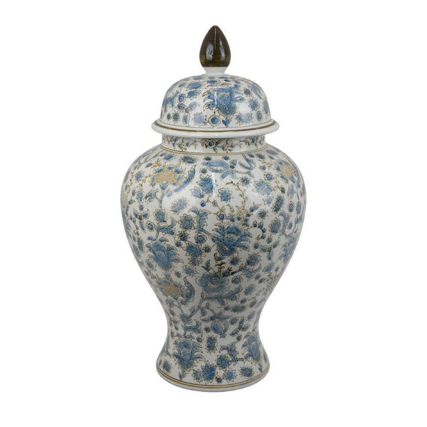 Decorative Temple Jar, White and Blue Ceramic Floral Pattern, 20 Inch -BM334971