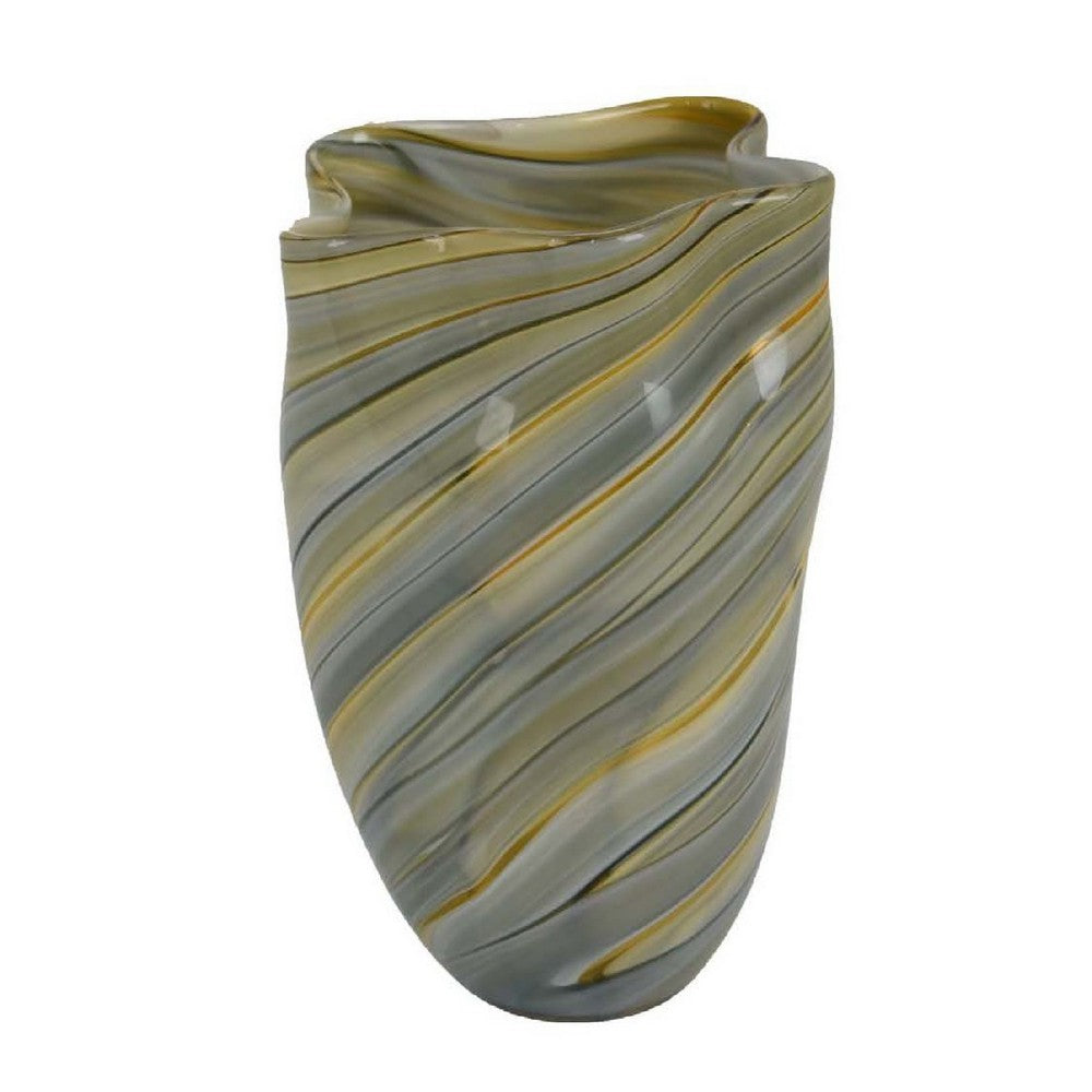 Keyan Accent Vase Ribbon Like Design, Tan Gray Yellow Glass, 11 Inch -BM334979