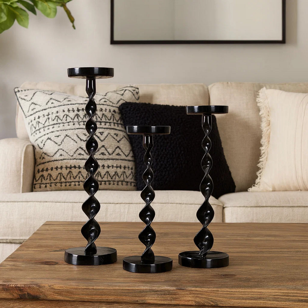 Siana Accent Candle Holder Set of 3, Black Metal, Twisted Stem  - BM334982