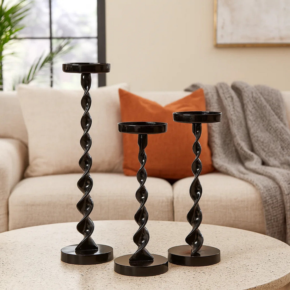 Siana Accent Candle Holder Set of 3, Black Metal, Twisted Stem  - BM334982