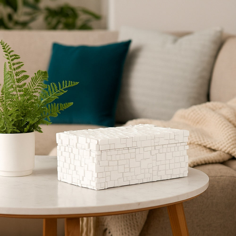 Lissa Decorative Storage Box, Matte White Textured Resin, 13 Inch -BM334984