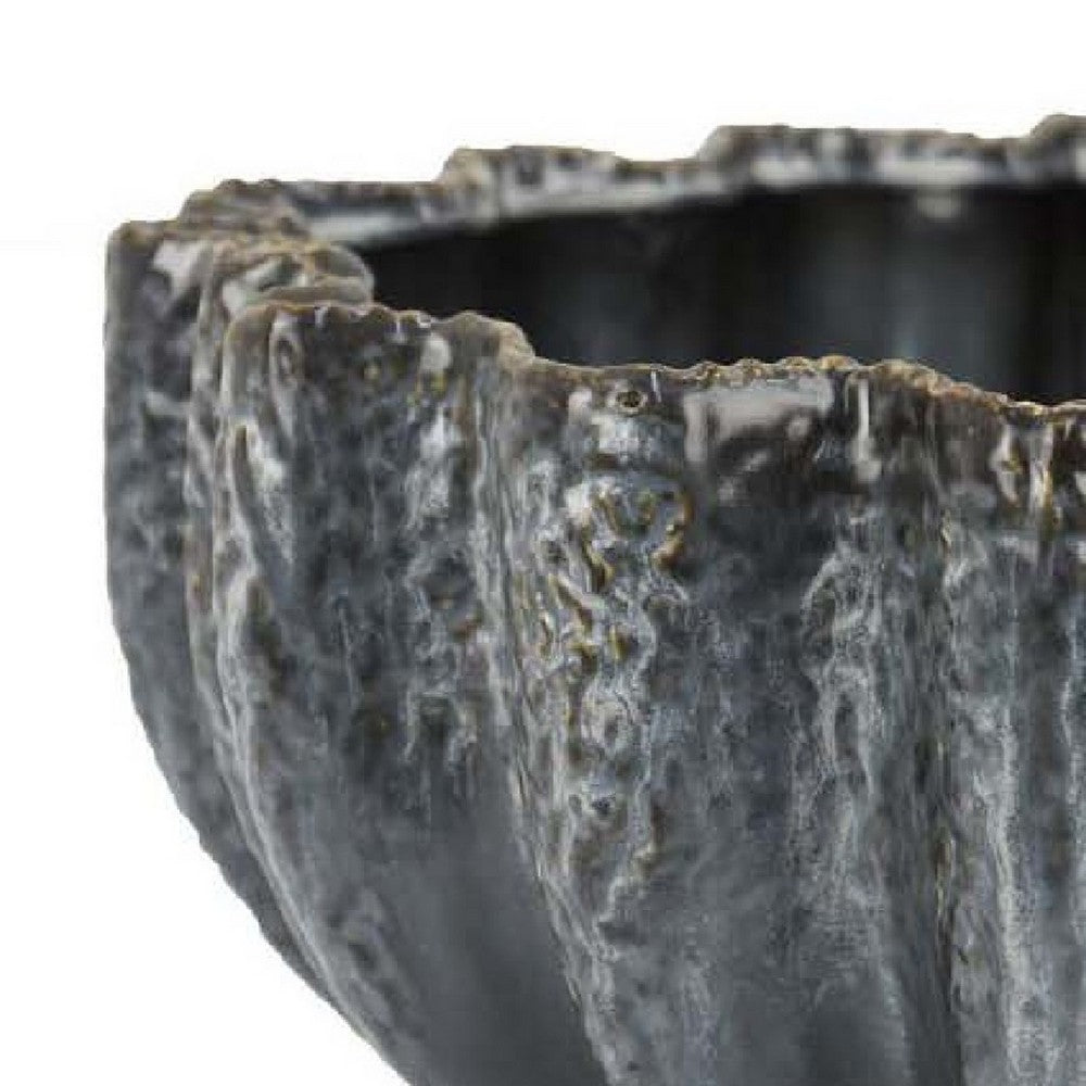 Decorative Bowl, Aqua Gray Ceramic, Fluted Scalloped Sides, 13 Inch -BM335008