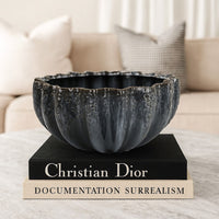 Decorative Bowl, Aqua Gray Ceramic, Fluted Scalloped Sides, 13 Inch -BM335008