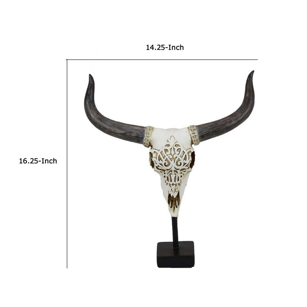 Animal Skull Tabletop Decor, Bone White and Black Resin, 16 Inch -BM335021