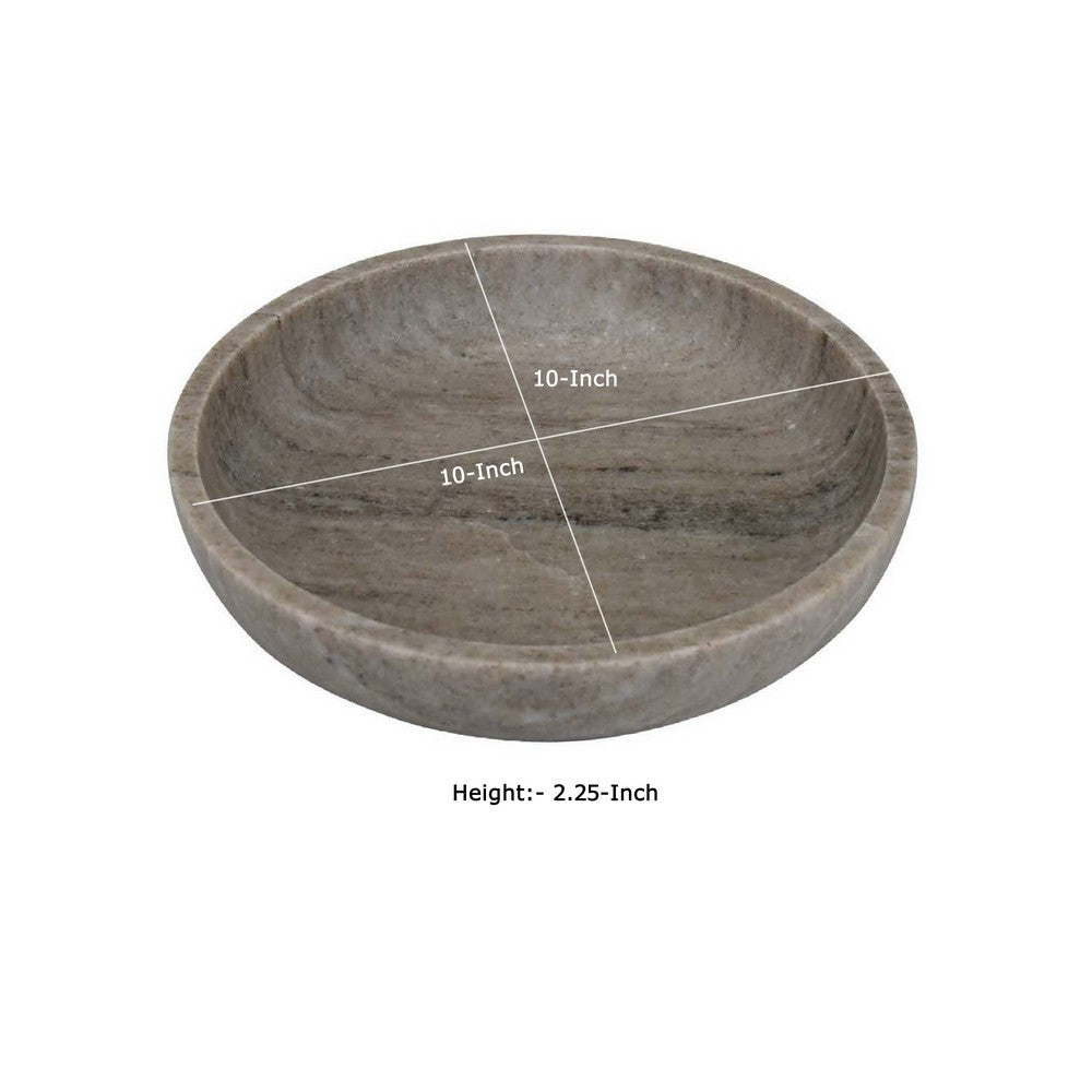 Decorative Bowl, Gray Marble, Natural Veining Patterns, 10 Inch Round -BM335024