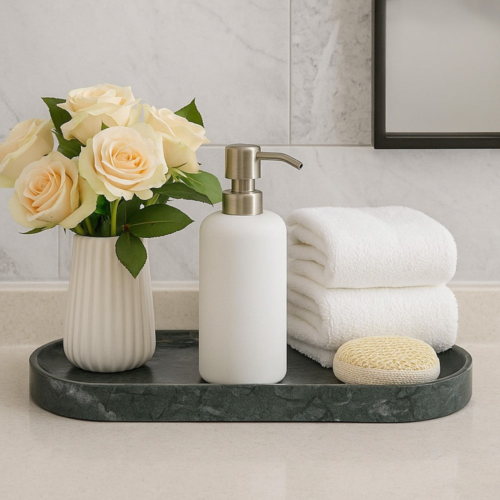 Decorative Oval Tray, Green Marble, Unique Veining Pattern, 14 Inch -BM335026