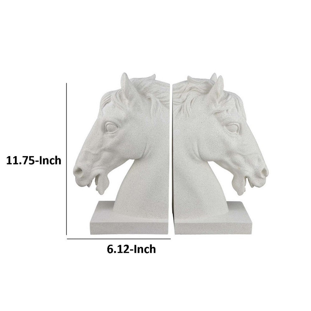 Amey Horse Head Sculpted Bookends Set of 2, White Stone Finish Resin -BM335033