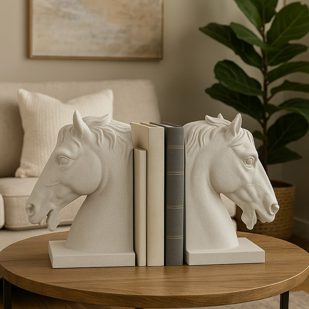 Amey Horse Head Sculpted Bookends Set of 2, White Stone Finish Resin -BM335033