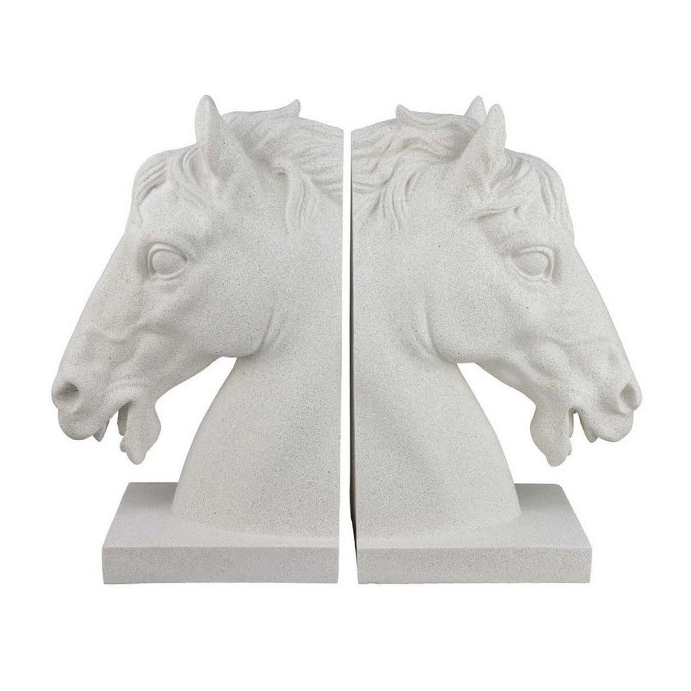 Amey Horse Head Sculpted Bookends Set of 2, White Stone Finish Resin -BM335033