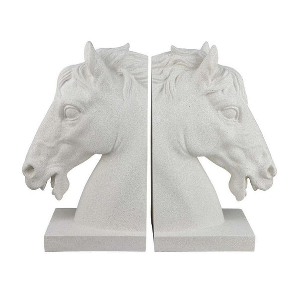 Amey Horse Head Sculpted Bookends Set of 2, White Stone Finish Resin -BM335033