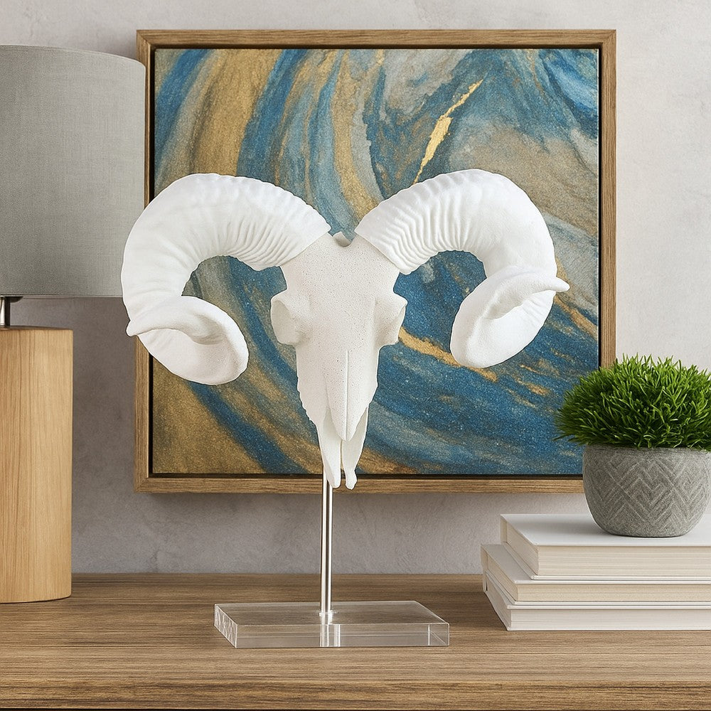 Mitch Bighead Sheep Ram Sculpture w Curved Horns, White Resin 16 Inch -BM335034