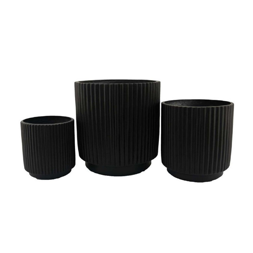 Elly Round Planter Set of 3, Ribbed Texture Black Resin, 16,12,9  Inch -BM335036