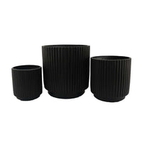 Elly Round Planter Set of 3, Ribbed Texture Black Resin, 16,12,9  Inch -BM335036