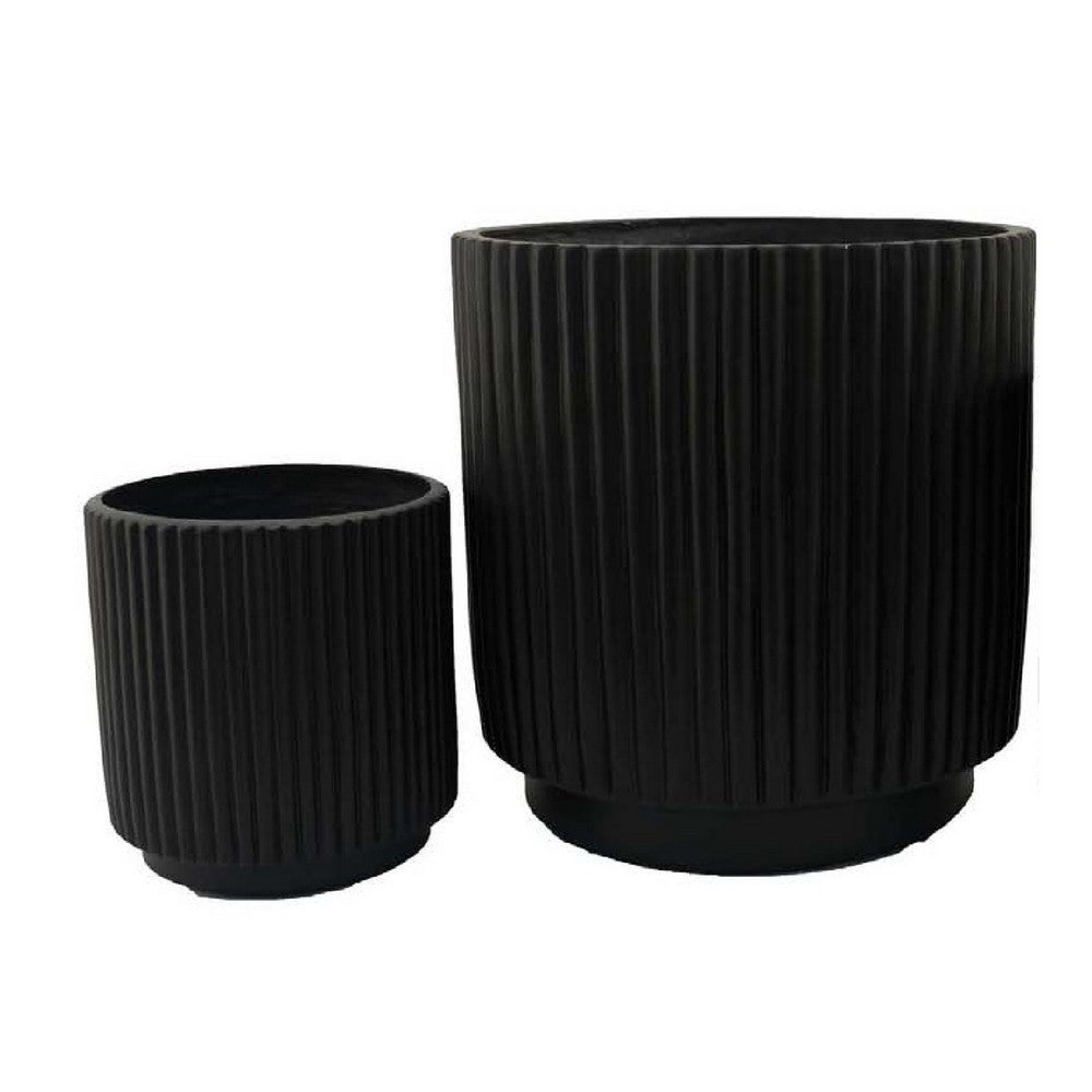 Elly Round Planter Set of 3, Ribbed Texture Black Resin, 16,12,9  Inch -BM335036