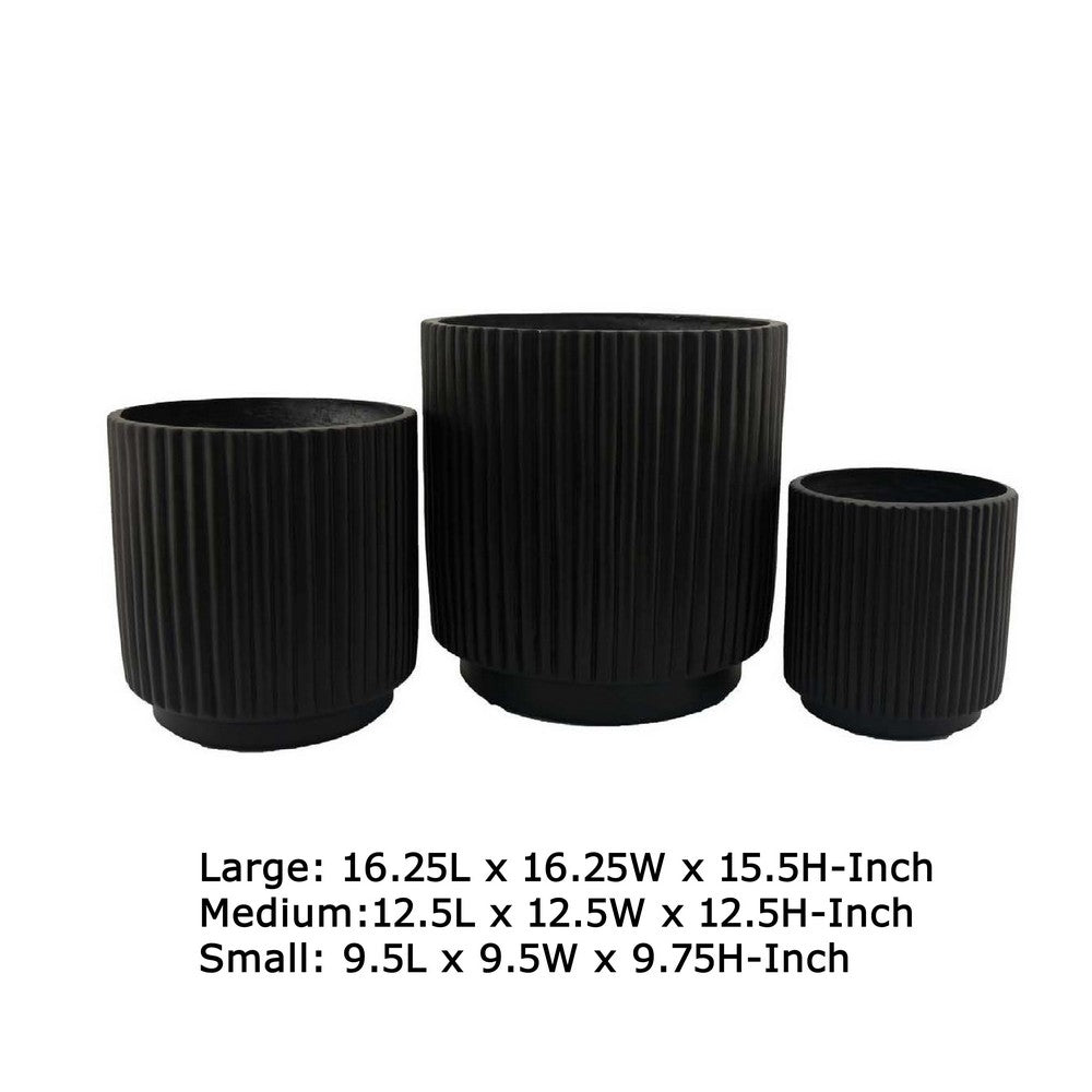 Elly Round Planter Set of 3, Ribbed Texture Black Resin, 16,12,9  Inch -BM335036