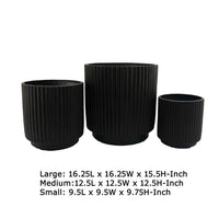 Elly Round Planter Set of 3, Ribbed Texture Black Resin, 16,12,9  Inch -BM335036