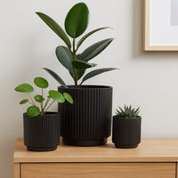Elly Round Planter Set of 3, Ribbed Texture Black Resin, 16,12,9  Inch -BM335036