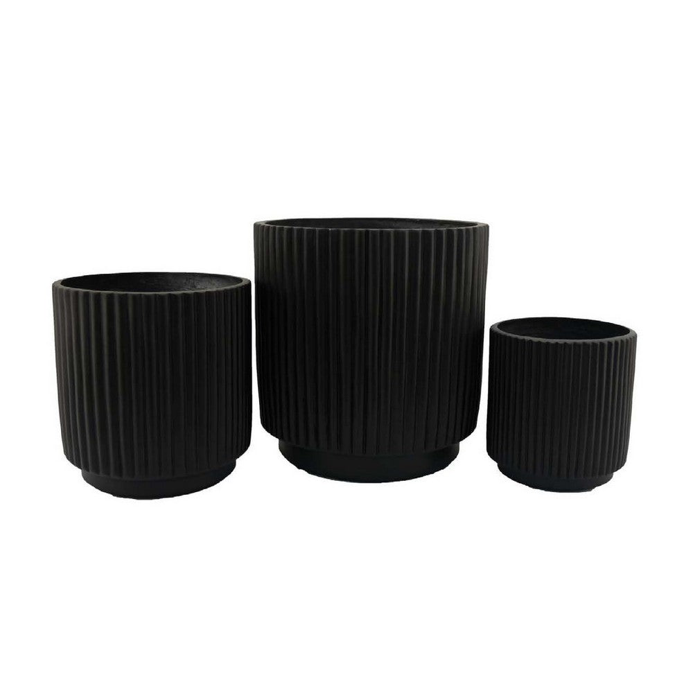 Elly Round Planter Set of 3, Ribbed Texture Black Resin, 16,12,9  Inch -BM335036