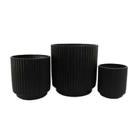 Elly Round Planter Set of 3, Ribbed Texture Black Resin, 16,12,9  Inch -BM335036