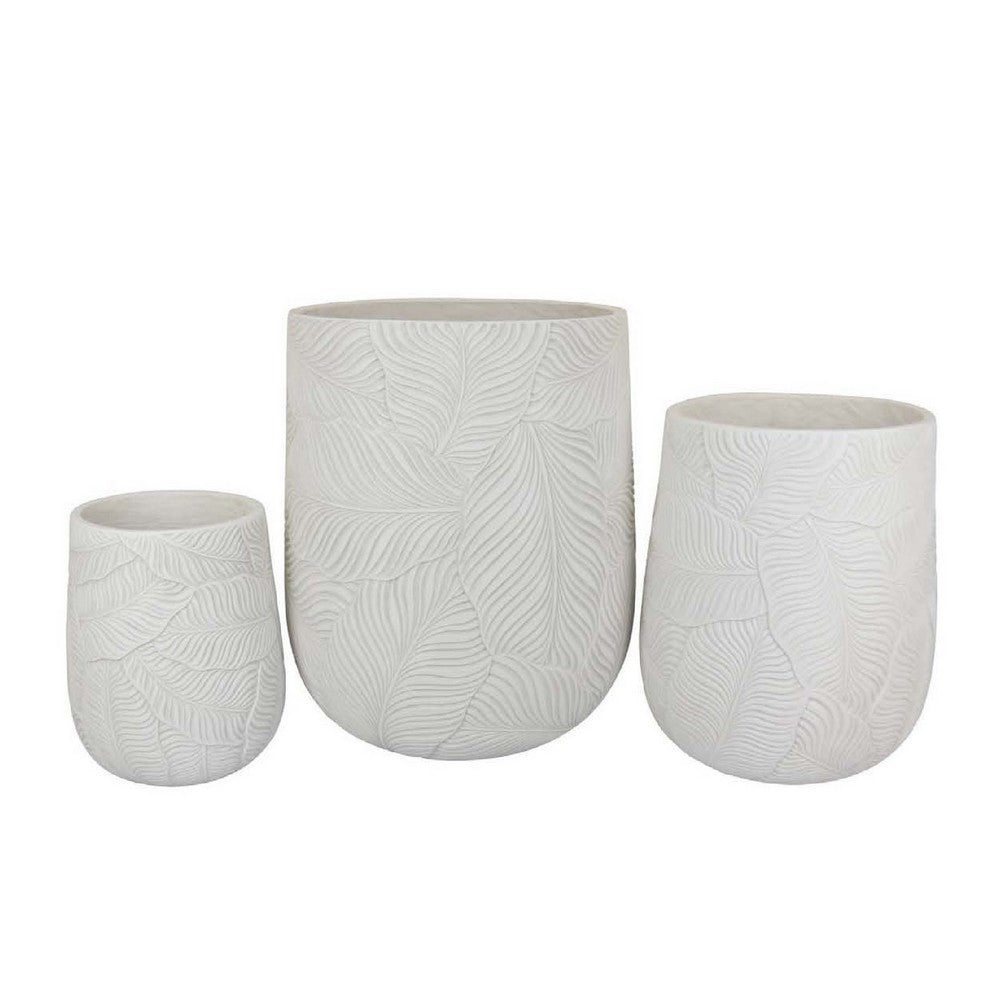 Sally Round Planter Set of 3, Intricate Leaf White Resin 23 19 14 Inch -BM335038