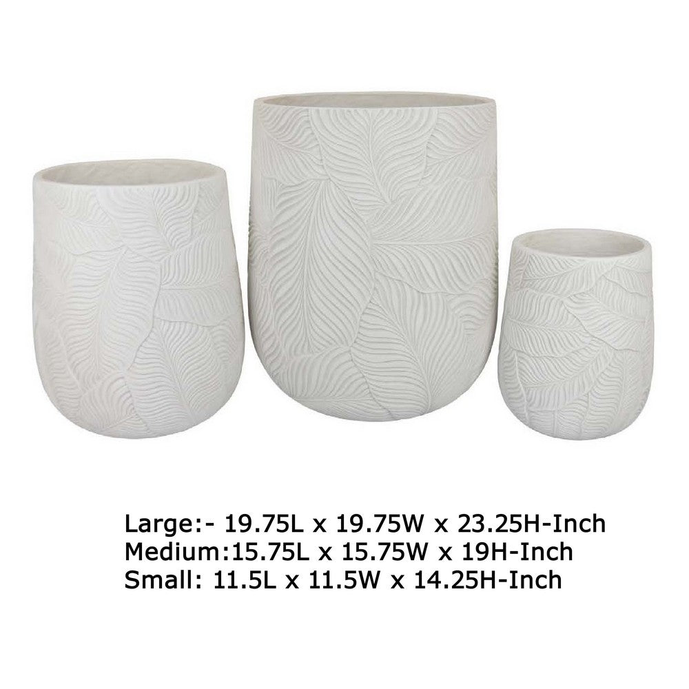 Sally Round Planter Set of 3, Intricate Leaf White Resin 23 19 14 Inch -BM335038