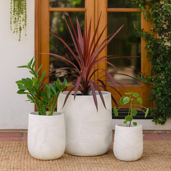 Sally Round Planter Set of 3, Intricate Leaf White Resin 23 19 14 Inch -BM335038
