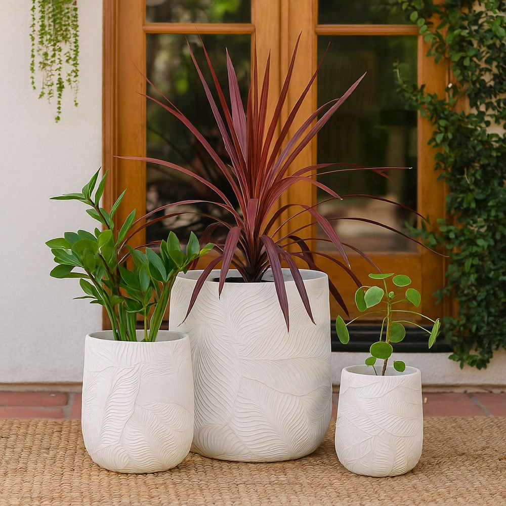Sally Round Planter Set of 3, Intricate Leaf White Resin 23 19 14 Inch -BM335038