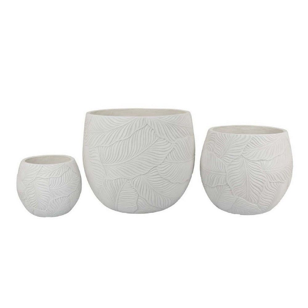 Sally Planter Set of 3, Round Intricate Leaf White Resin 17 13 9 Inch -BM335039
