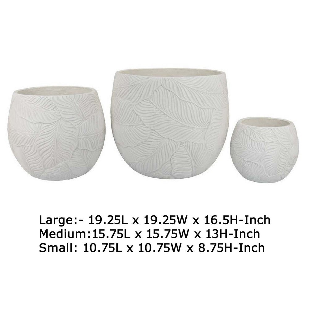 Sally Planter Set of 3, Round Intricate Leaf White Resin 17 13 9 Inch -BM335039