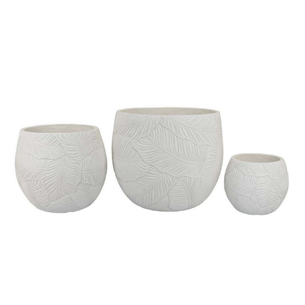Sally Planter Set of 3, Round Intricate Leaf White Resin 17 13 9 Inch -BM335039