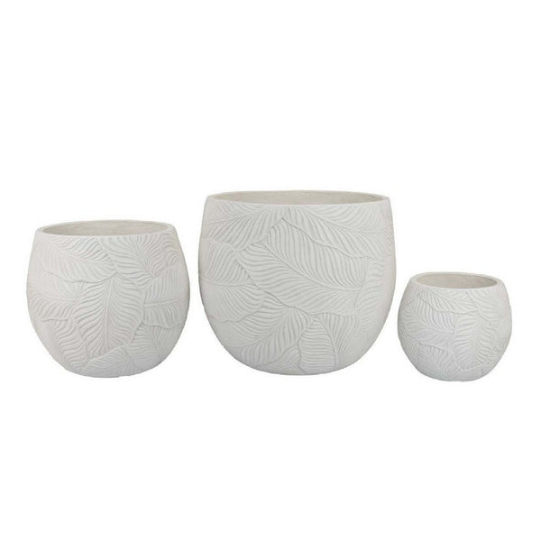 Sally Planter Set of 3, Round Intricate Leaf White Resin 17 13 9 Inch -BM335039