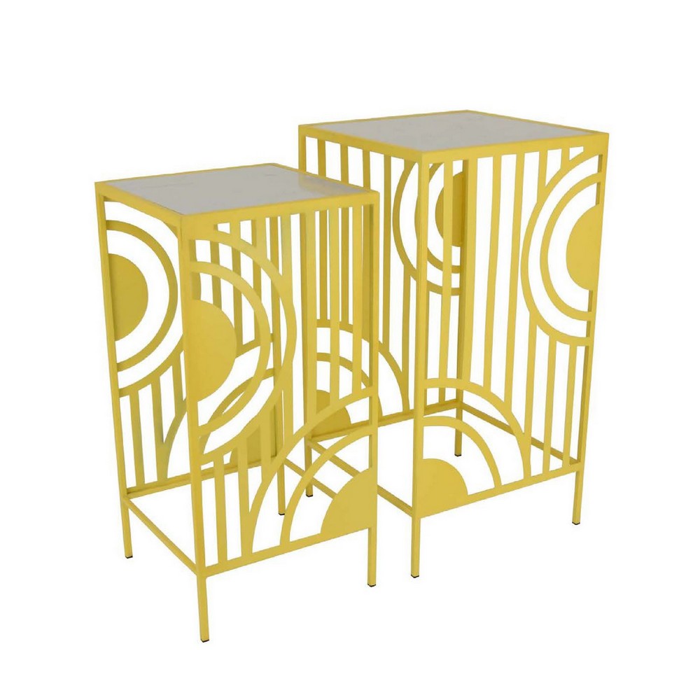 Percy Plant Stand Table Set of 2, Marble Top, Gold Metal 26, 24 Inch -BM335040
