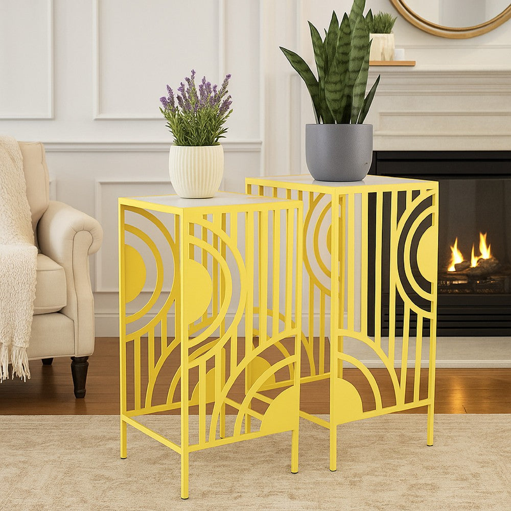 Percy Plant Stand Table Set of 2, Marble Top, Gold Metal 26, 24 Inch -BM335040