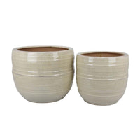Paulo Barrel Planter Set of 2, Raised Ribbed Beige Ceramic 19, 15 Inch -BM335041