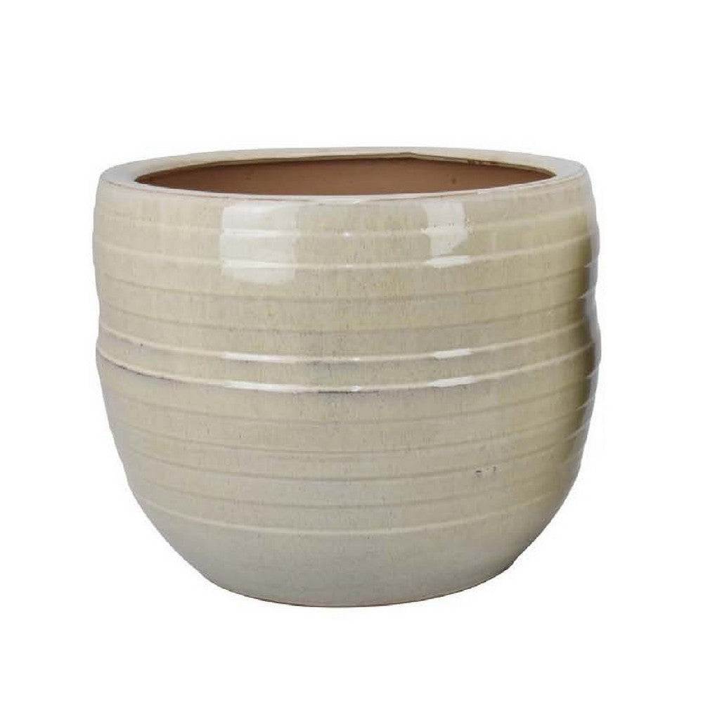Paulo Barrel Planter Set of 2, Raised Ribbed Beige Ceramic 19, 15 Inch -BM335041