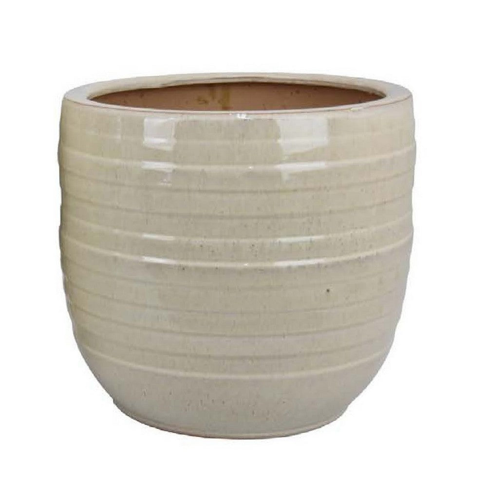 Paulo Barrel Planter Set of 2, Raised Ribbed Beige Ceramic 19, 15 Inch -BM335041