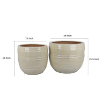 Paulo Barrel Planter Set of 2, Raised Ribbed Beige Ceramic 19, 15 Inch -BM335041