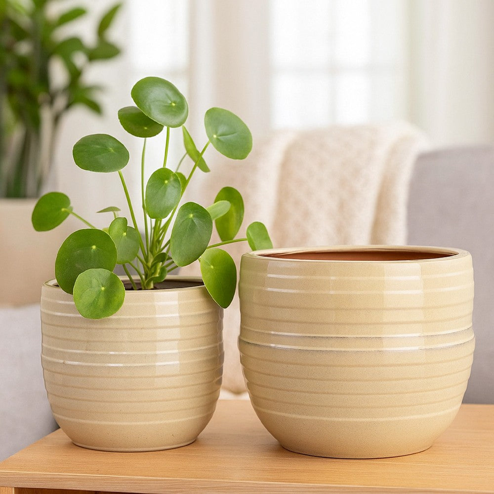 Paulo Barrel Planter Set of 2, Raised Ribbed Beige Ceramic 19, 15 Inch -BM335041