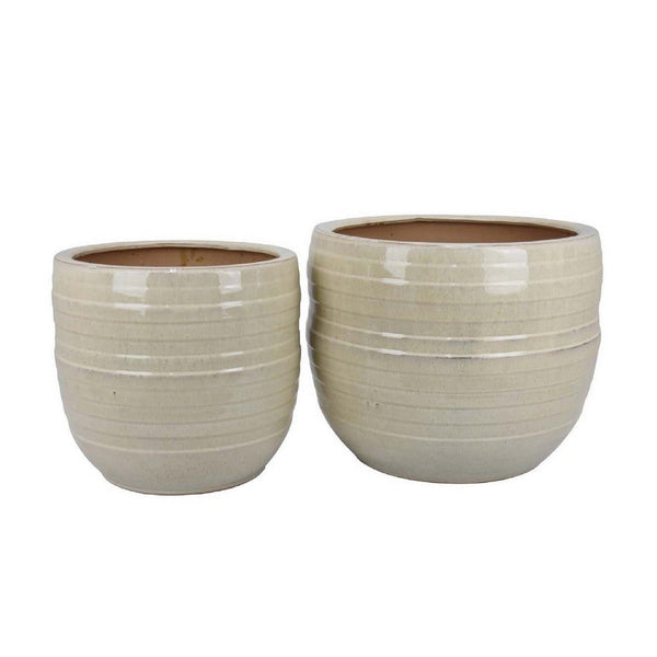 Paulo Barrel Planter Set of 2, Raised Ribbed Beige Ceramic 19, 15 Inch -BM335041