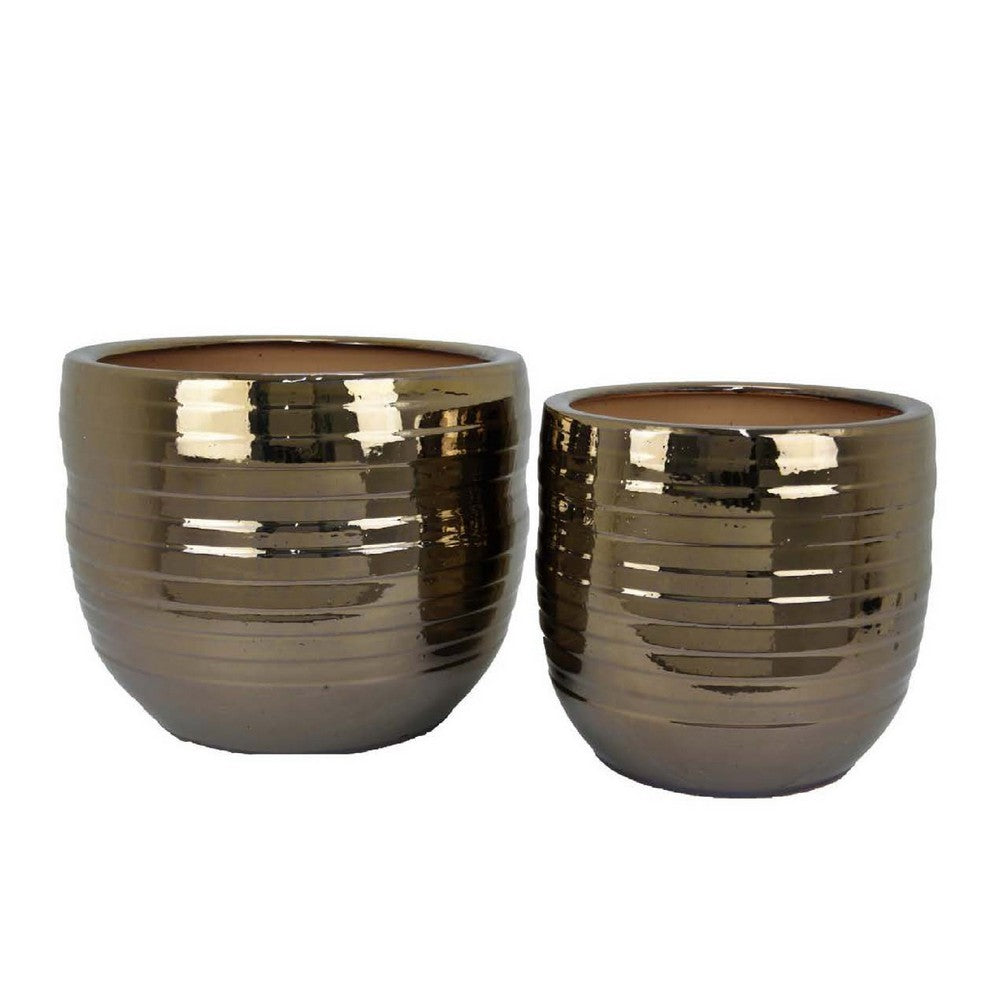 Paulo Barrel Planter Set of 2, Raised Ribbed Gold Ceramic 19, 15 Inch -BM335042