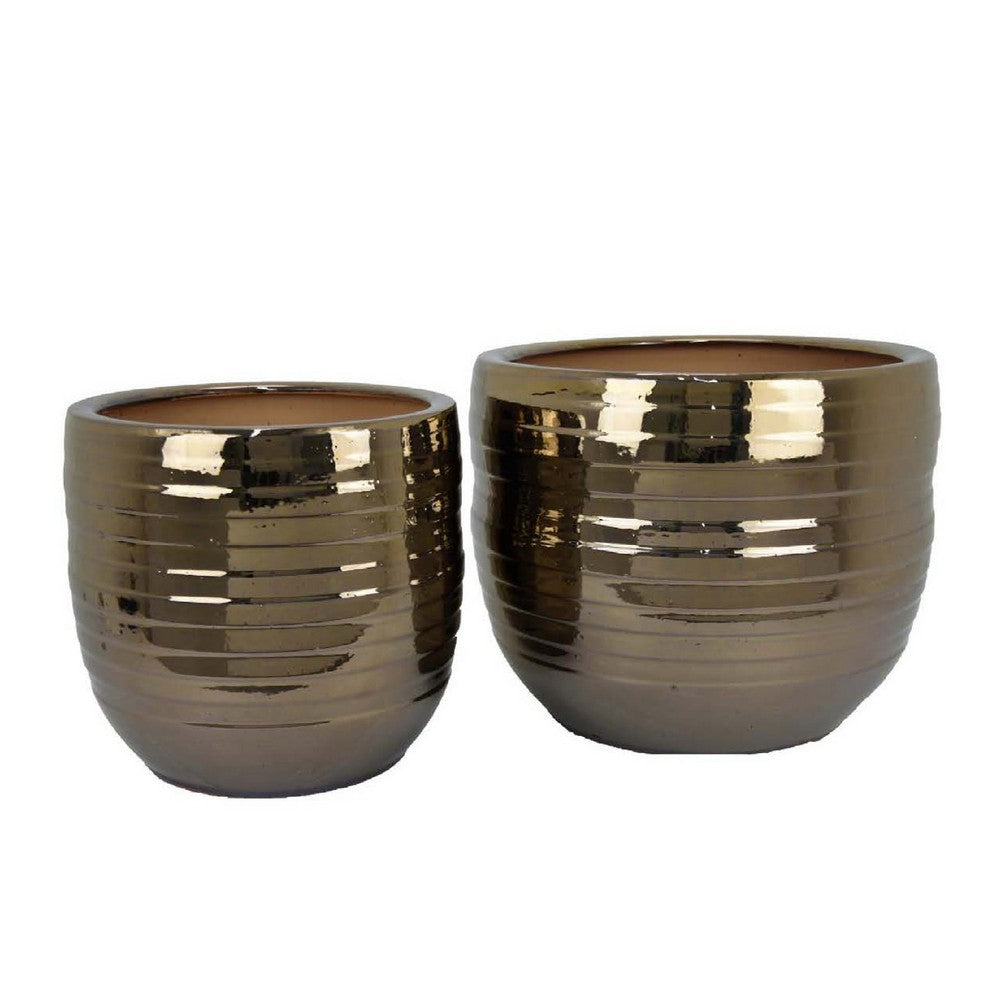 Paulo Barrel Planter Set of 2, Raised Ribbed Gold Ceramic 19, 15 Inch -BM335042