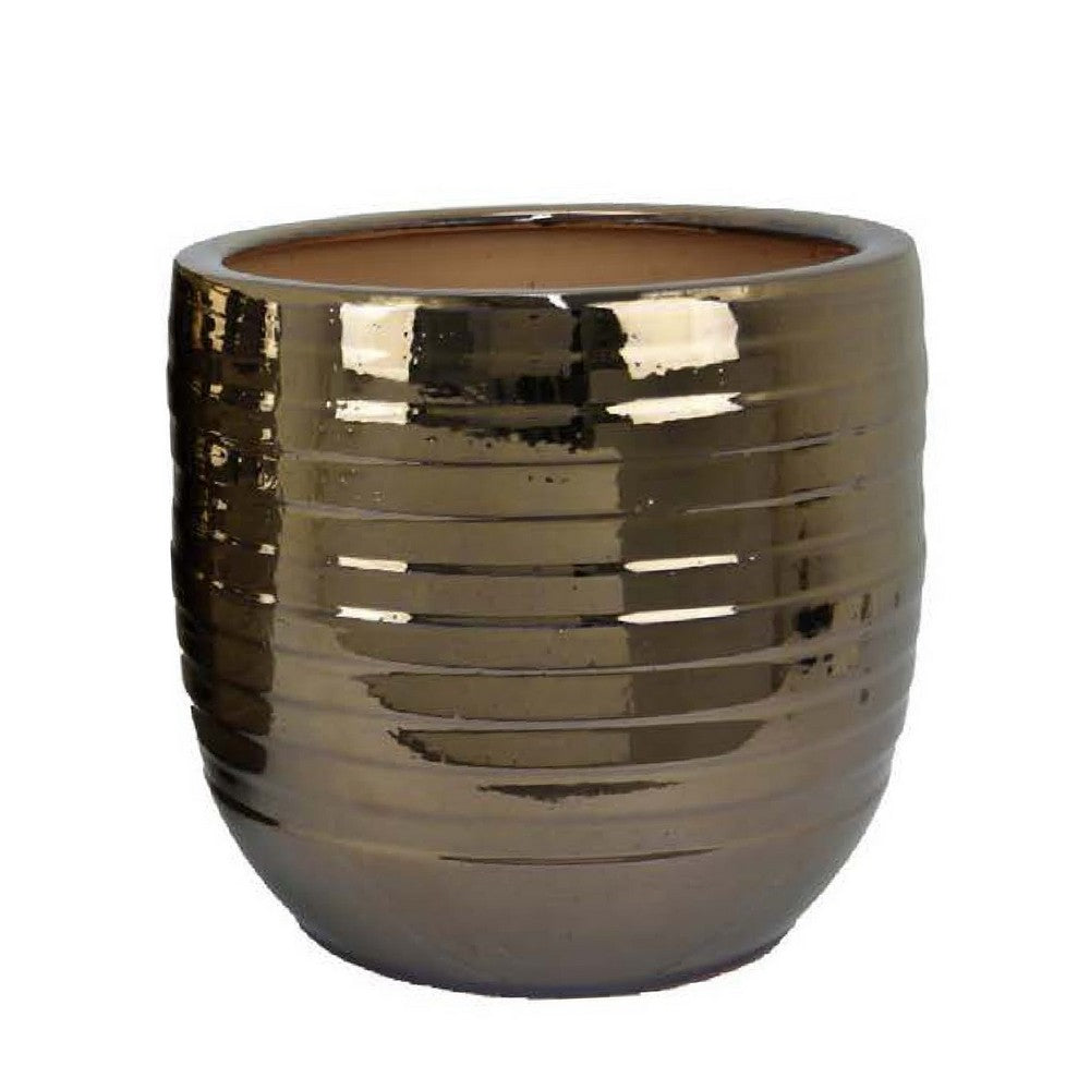 Paulo Barrel Planter Set of 2, Raised Ribbed Gold Ceramic 19, 15 Inch -BM335042