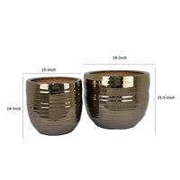 Paulo Barrel Planter Set of 2, Raised Ribbed Gold Ceramic 19, 15 Inch -BM335042